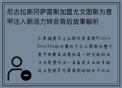 尼古拉斯冈萨雷斯加盟尤文图斯为意甲注入新活力转会背后故事解析